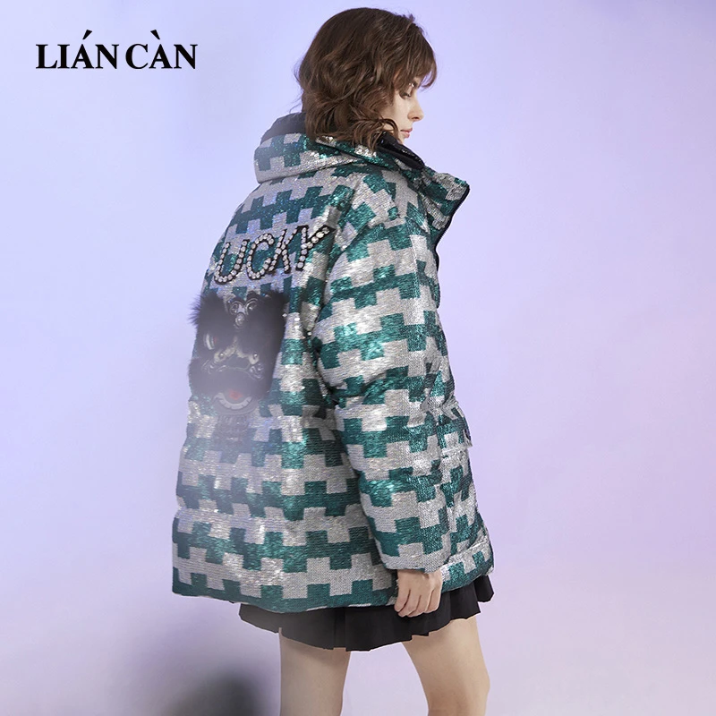 莲灿2025冬季商场同款绿色格纹亮片羽绒服71AW474002