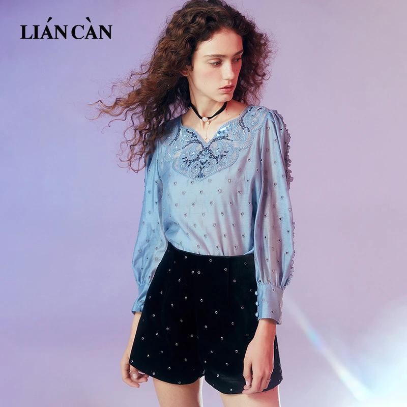 【莲灿】2025年春新复古泡泡袖镂空蕾丝刺绣梭织长袖衬衫7121118003