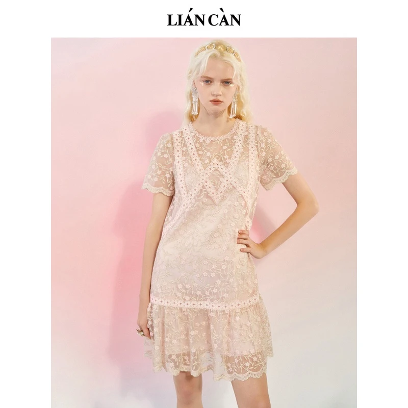 莲灿2025春新商场同款浪漫波西米亚蕾丝花边短袖连衣裙7122220017