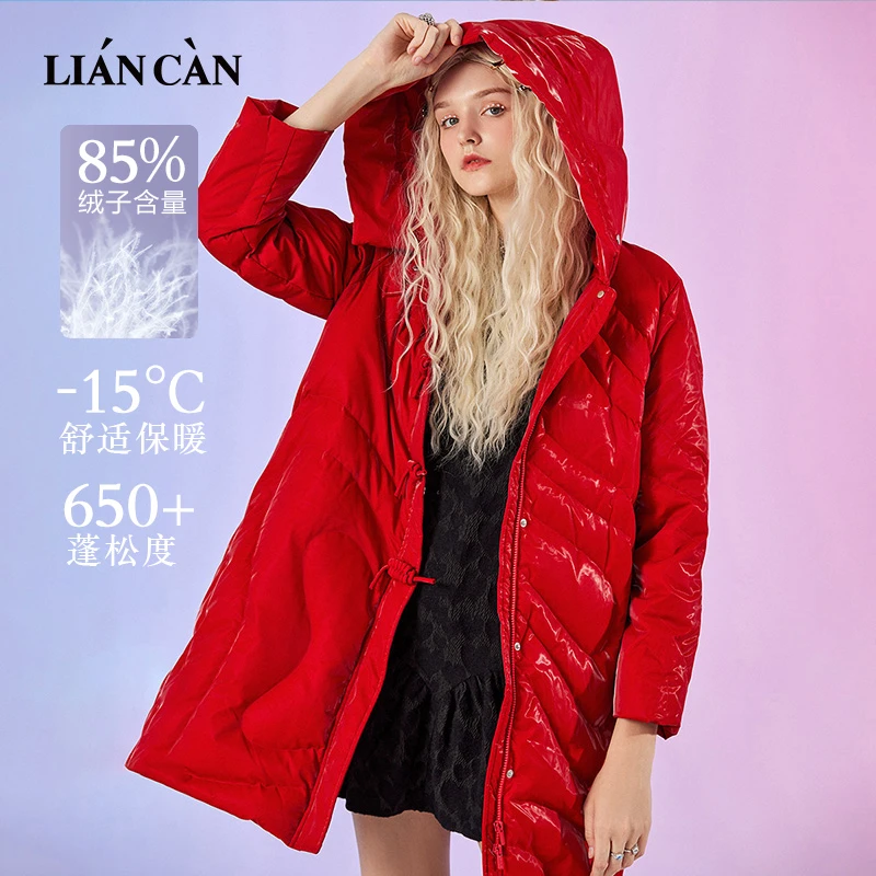 【莲灿】2024冬新商场波西米亚风白鸭绒连帽中长羽绒服7122474002