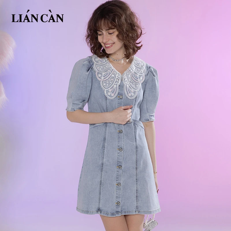 【莲灿】小众设计感复古波西米亚珠片刺绣牛仔短袖连衣裙71VF122004
