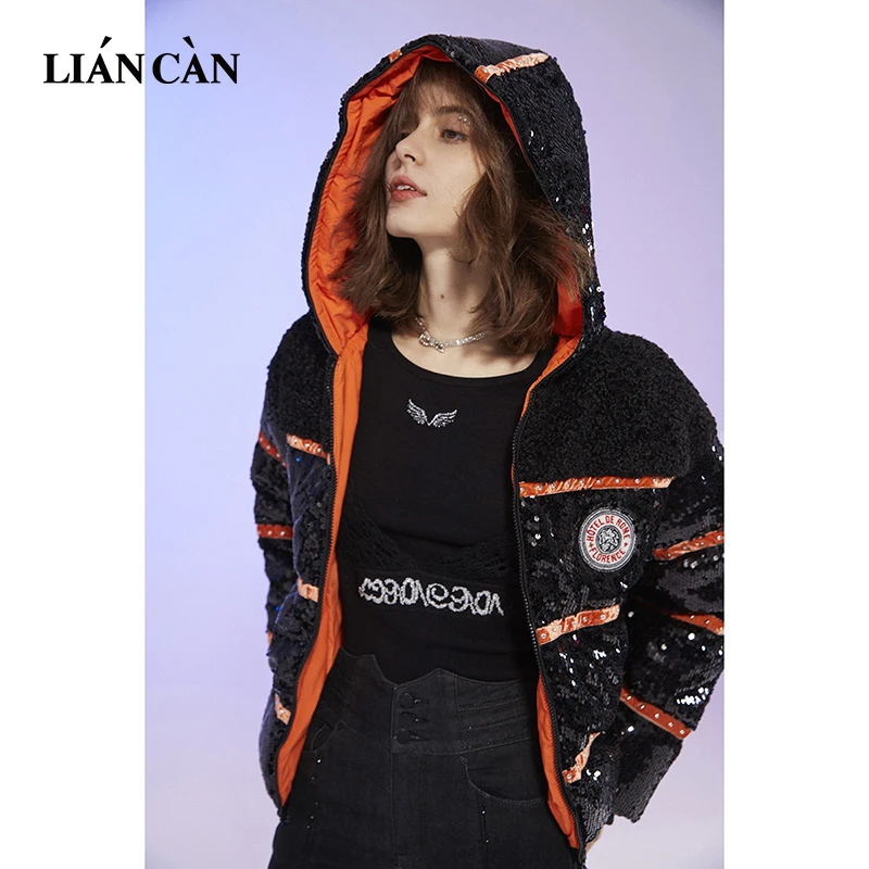 莲灿2025冬季新设计师亮片复古连帽短款白鸭绒羽绒服71AW373008