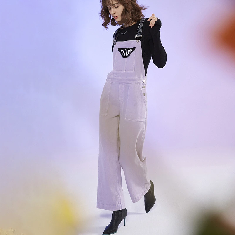莲灿设计师品牌chic刺绣香芋紫色拖地连身背带裤牛仔裤71AW347005
