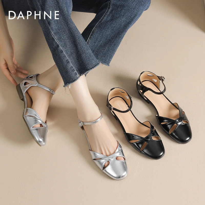 达芙妮罗马镂空包头凉鞋女夏季外穿银色单鞋女2025新跟低跟平底鞋