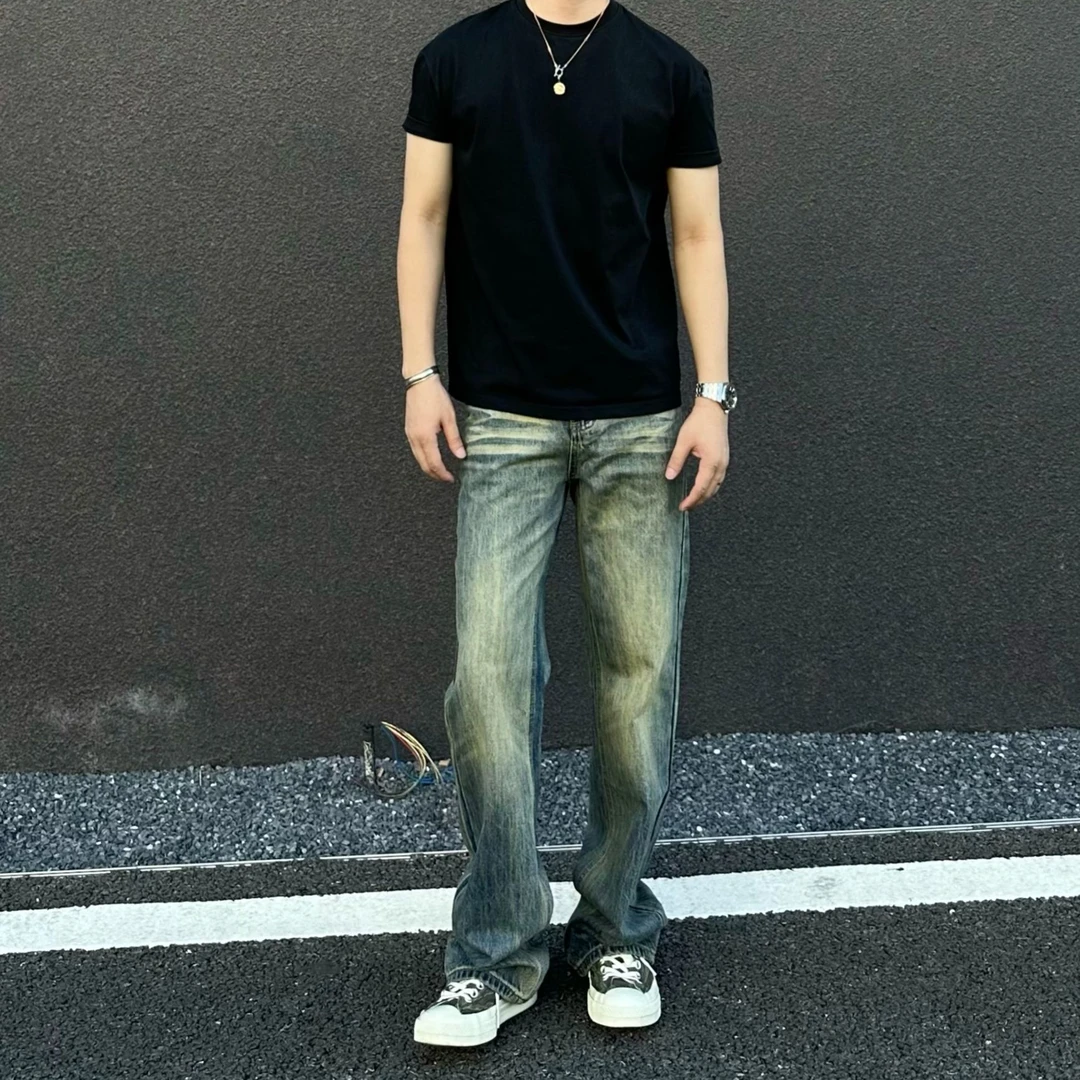 Hans院长 黄泥Dirtyfit水洗美式牛仔裤微喇复古做旧宽松休闲