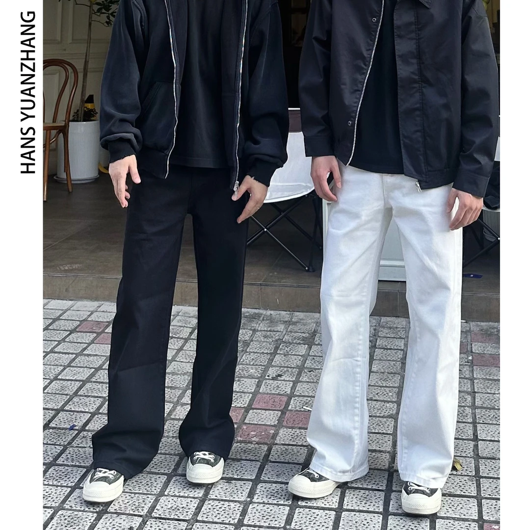 Hans院长 美式简约直筒百搭高街黑白牛仔裤潮流高街休闲复古