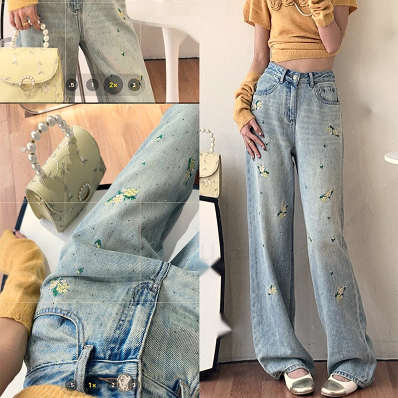【晓晓穿搭】欧货重工刺绣烫钻直筒牛仔裤女夏季薄款小个子宽松版