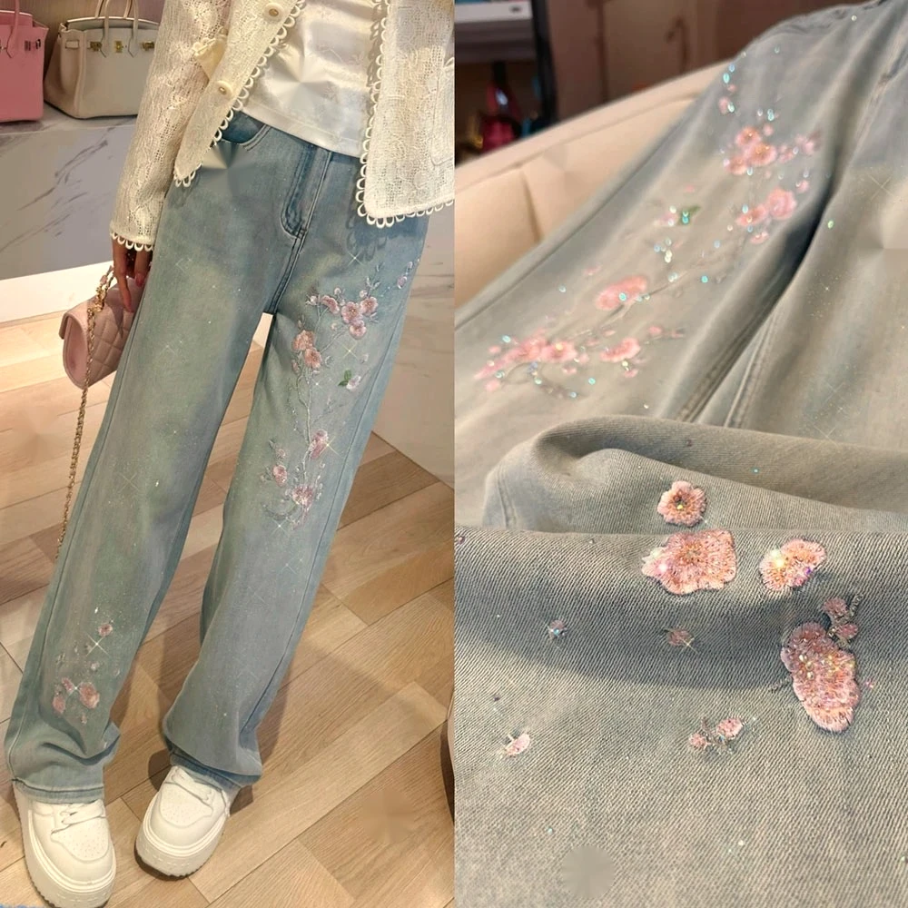 【美资轻奢风】新中式国风刺绣窄版直筒牛仔裤女夏季薄款宽松阔腿裤