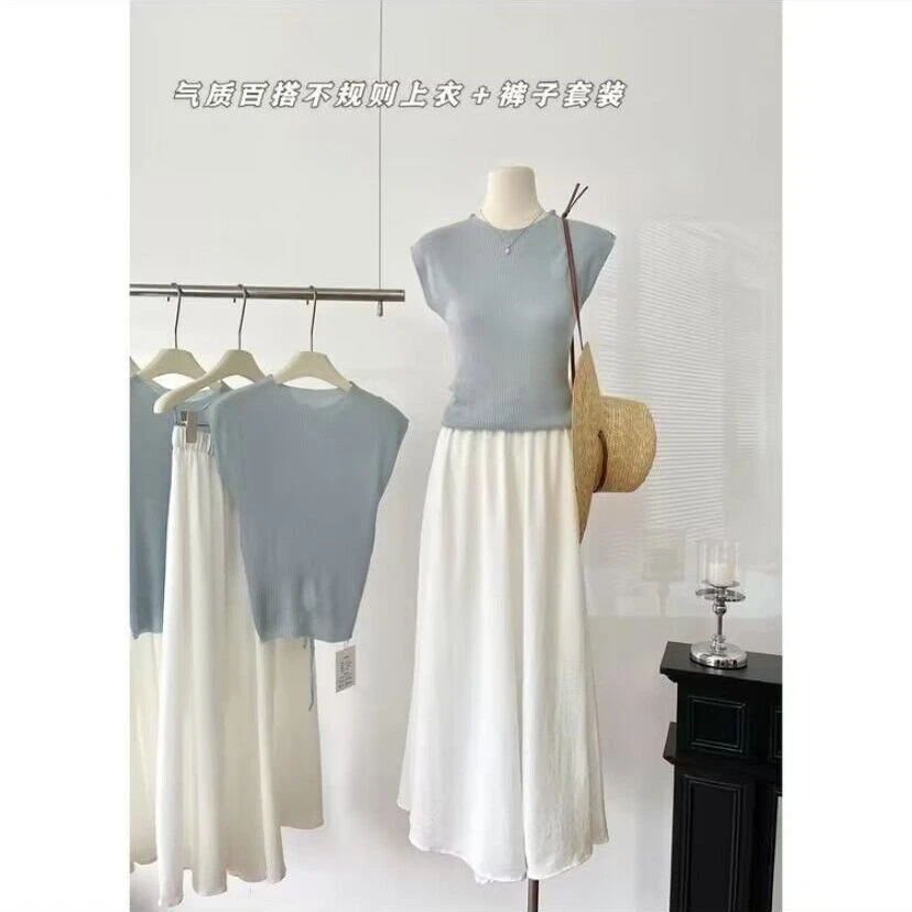 夏季裙子气质百搭小众通勤短款不规则上衣+白色裤子套装针织背心