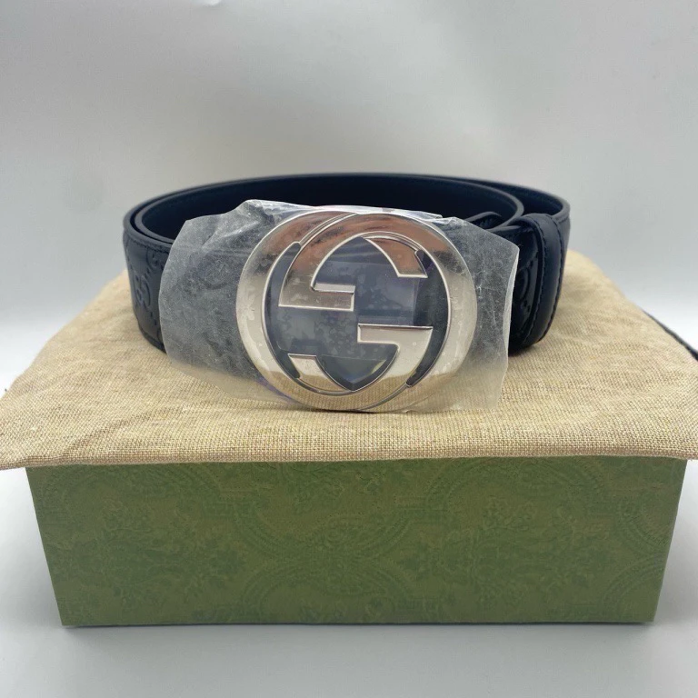 全新未使用 GUCCI/古驰 全新90码古驰黑色压纹银扣皮带9085402