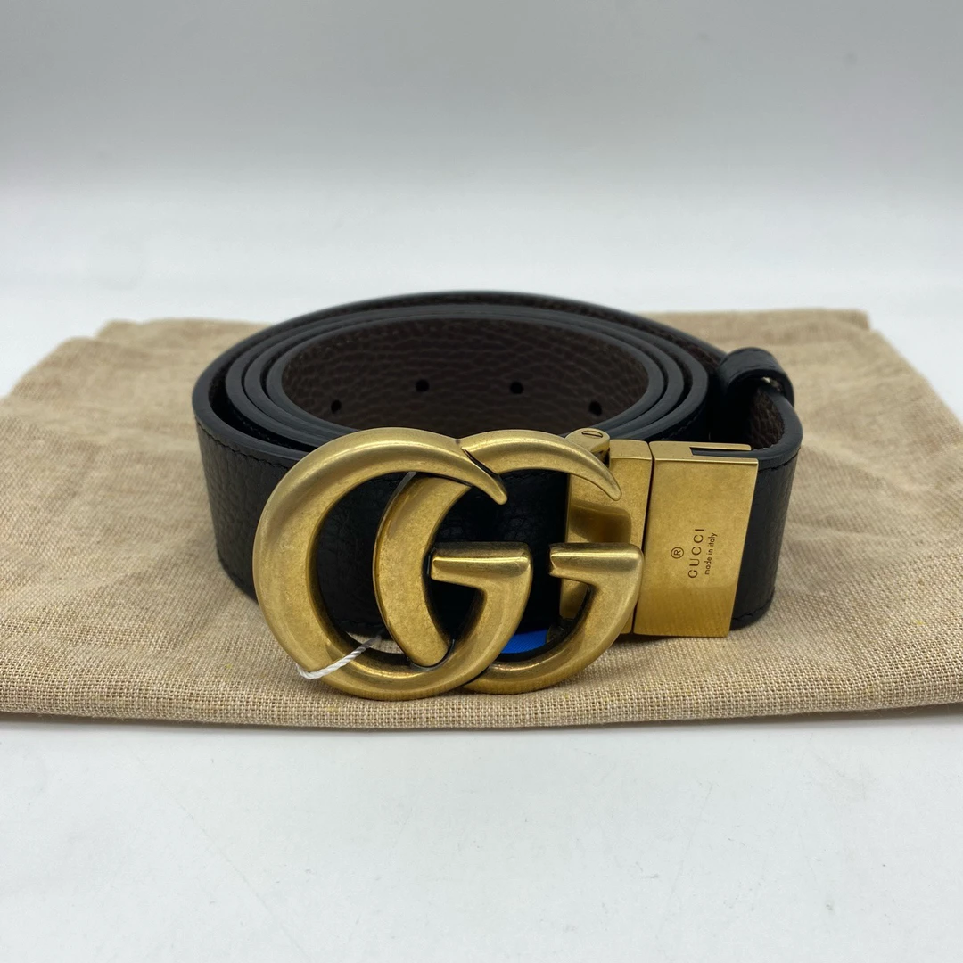95新 GUCCI/古驰 做旧金扣双面黑拼棕荔枝纹105码皮带8830660