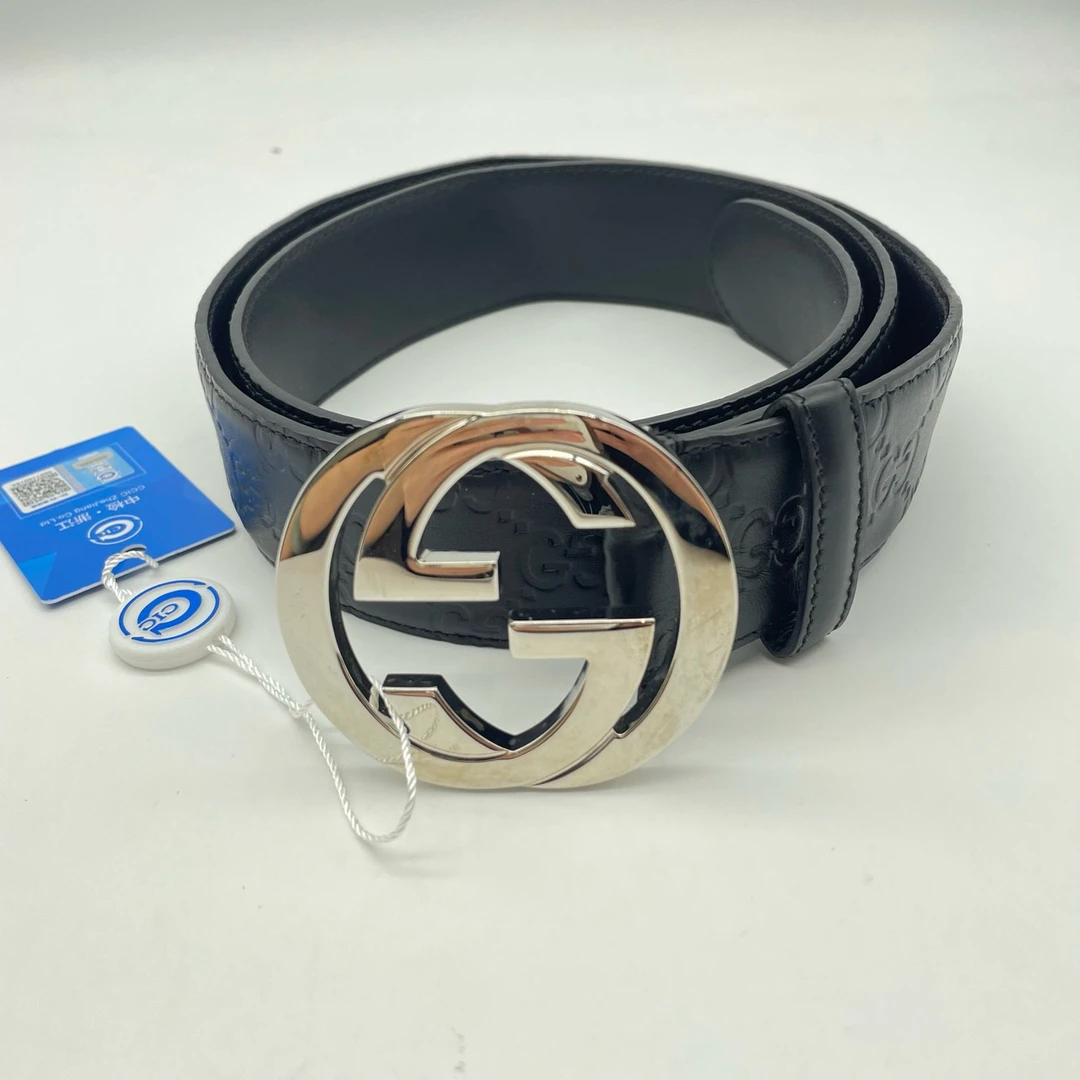 95新 GUCCI/古驰 100码GUCCI古驰黑色压纹银扣皮带8337978