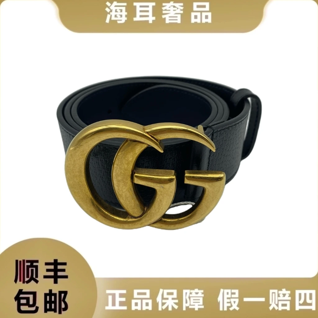95新 GUCCI/古驰 大金头黑色荔枝纹90码皮带/8926786