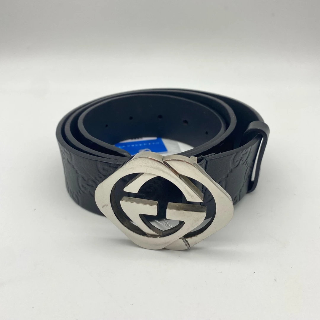 95新 GUCCI/古驰 古驰方头黑色压花90码皮带8729084