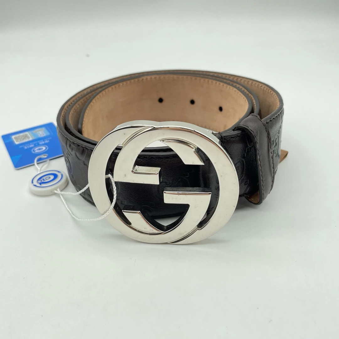 95新 GUCCI/古驰 90码深棕色压纹银扣皮带8308788