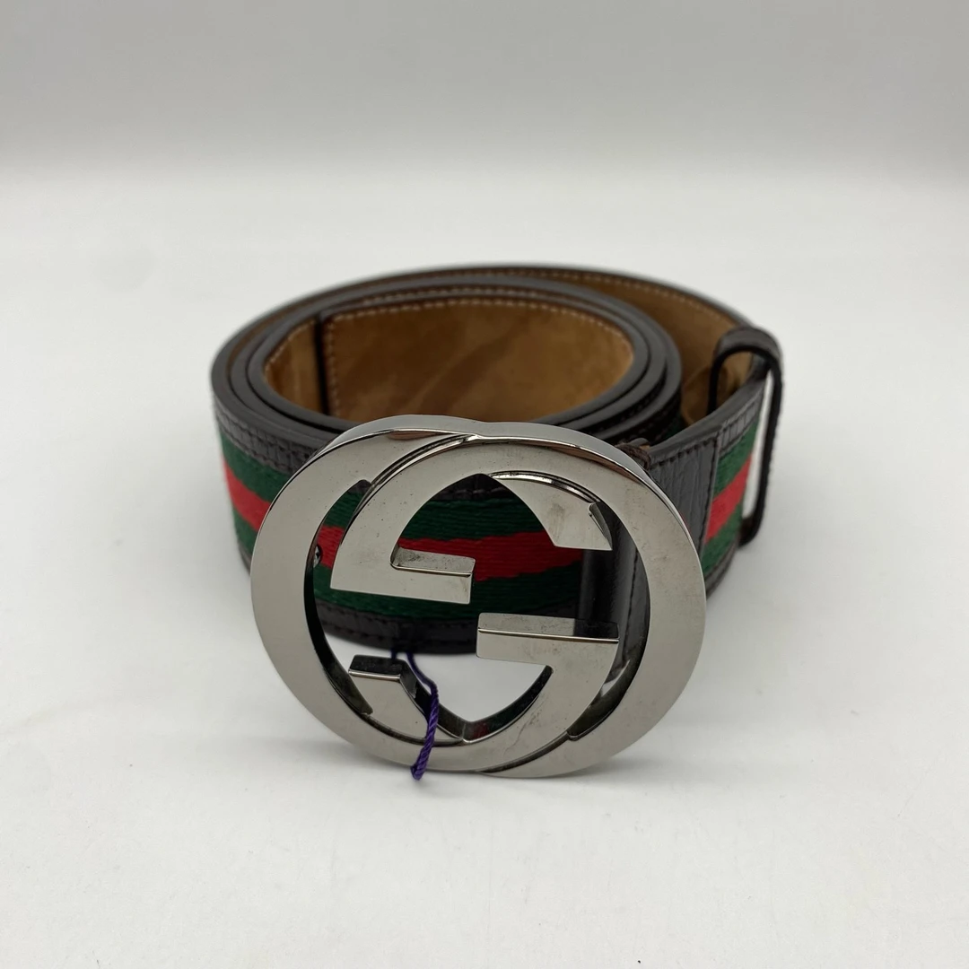 95新 GUCCI/古驰 银头红绿条纹拼色95码皮带9016834