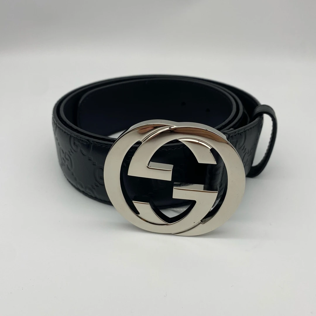 95新 GUCCI/古驰 银头黑色压花90码皮带/10124272