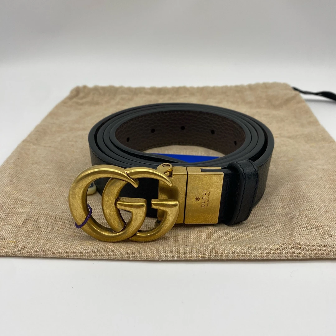 99新 GUCCI/古驰 115码双面金头荔枝纹牛皮皮带10675596