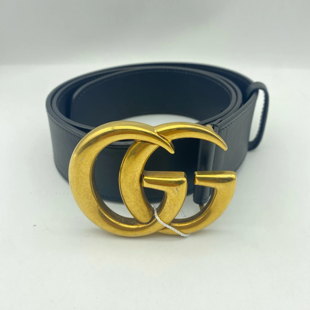 95新 GUCCI/古驰 85码大双g金头黑皮腰带6213833