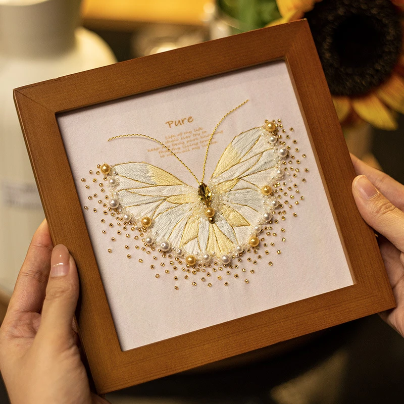 法式刺绣手工diy材料包珠绣金蝴蝶相框画家居摆件新婚礼物   手作