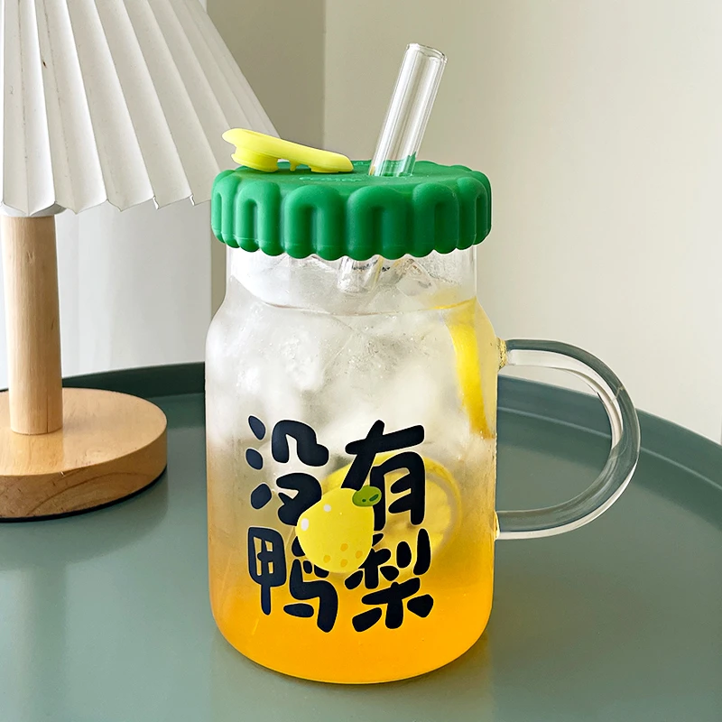 玻璃水杯高颜值女杯子带吸管果汁杯茶杯宿舍家用大容量早餐咖啡杯