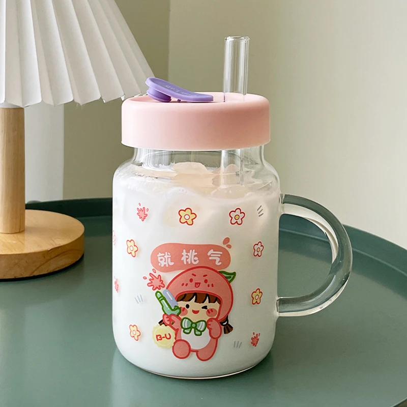 水杯卡通高颜值女玻璃杯带盖粗吸管牛奶杯宿舍家用少女心果汁杯子