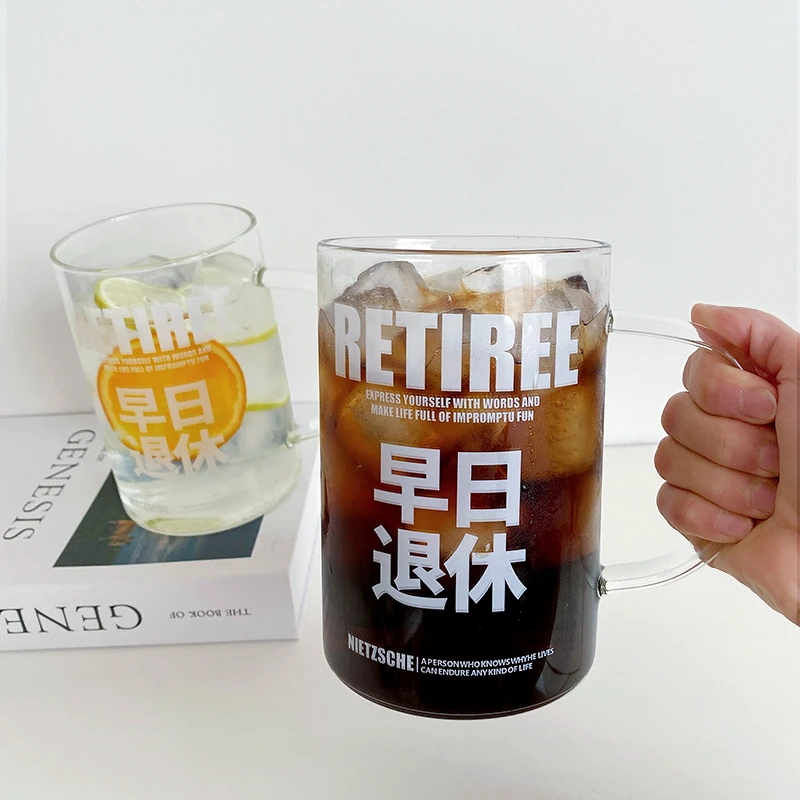 创意文字早日退休玻璃杯耐热1000ml喝水杯子男女家用办公室茶杯