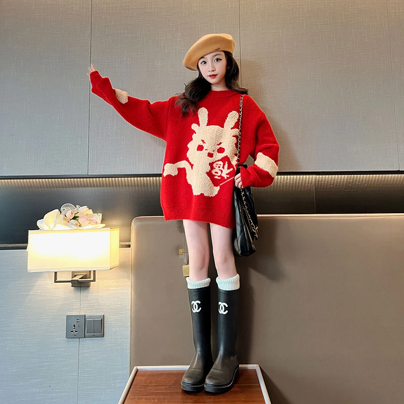 女童毛衣2024秋冬新款洋气时髦大童龙年红色打底衫儿童拜年服新年