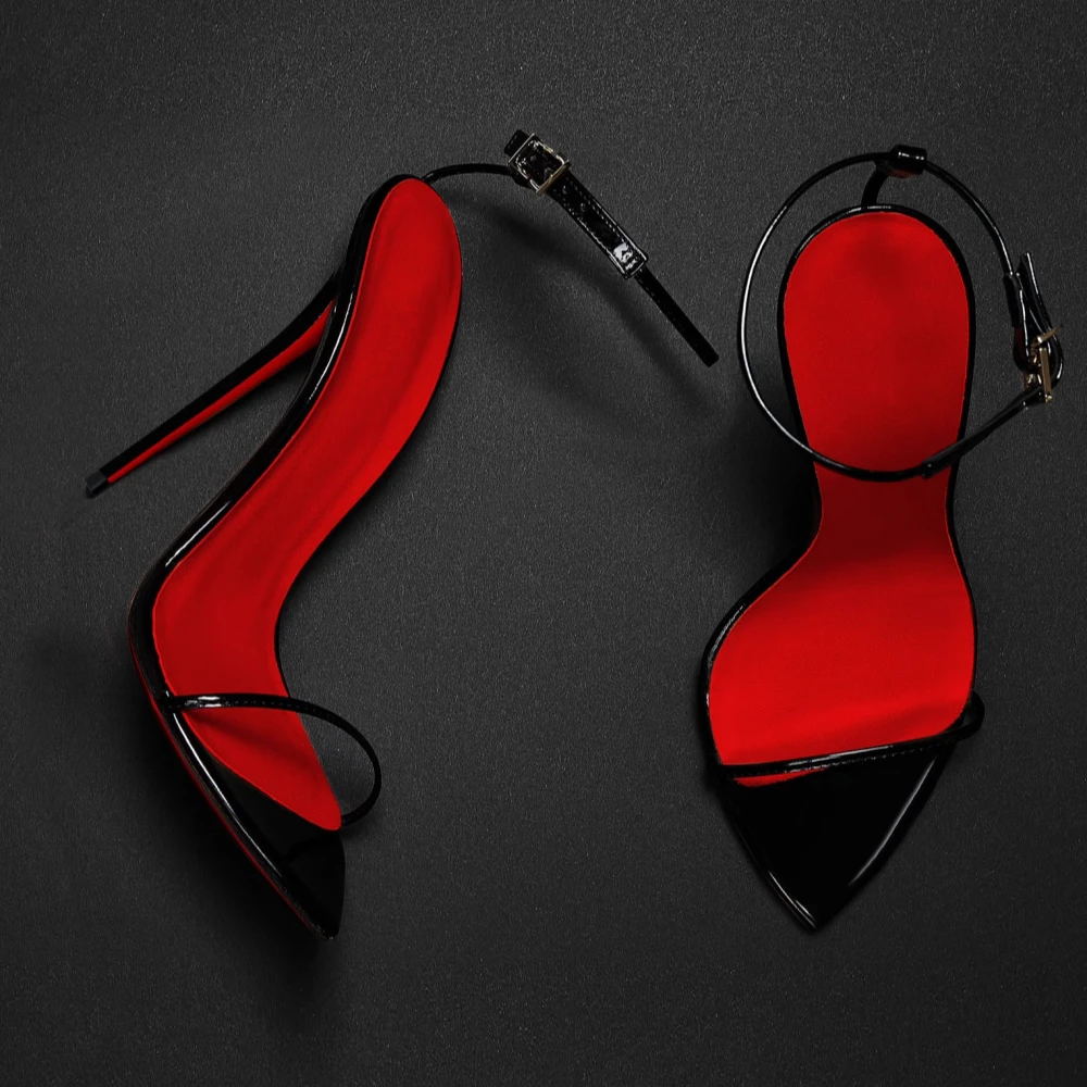 12cm尖头扣带细带性感超高跟鞋凉鞋细跟红底时装鞋网红夏季个性