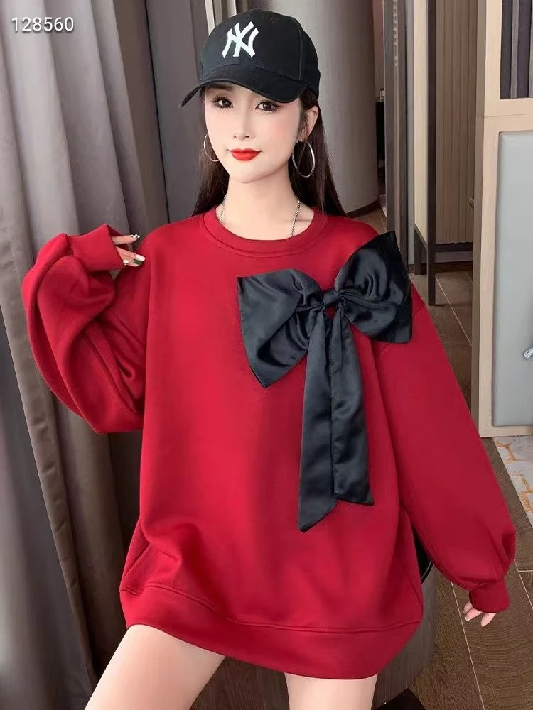 【断码清仓捡漏】蝴蝶结宽松酒红色卫衣女洋气时尚减龄秋冬中长款新