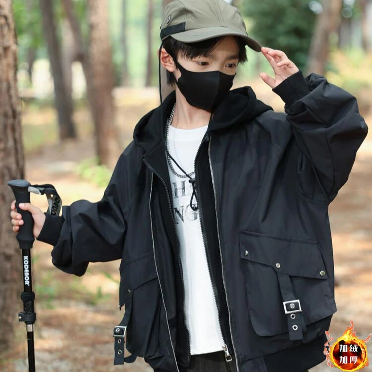 【现货】男童外套加绒加棉2024新款儿童痞帅上衣冬季休闲男孩潮棉衣