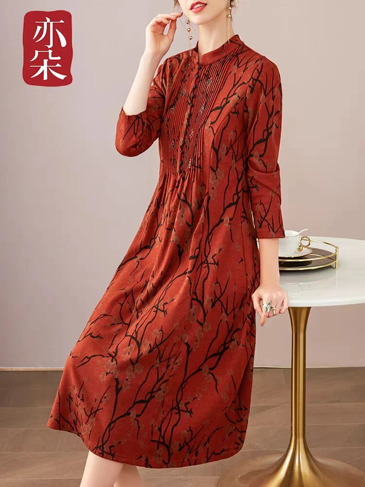 【Y613】高端A字裙气质显瘦长袖系带复古立领印花连衣裙