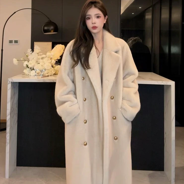 人造皮草 2025秋冬韩版加厚女西服领环保貂毛毛外套大衣人造皮草