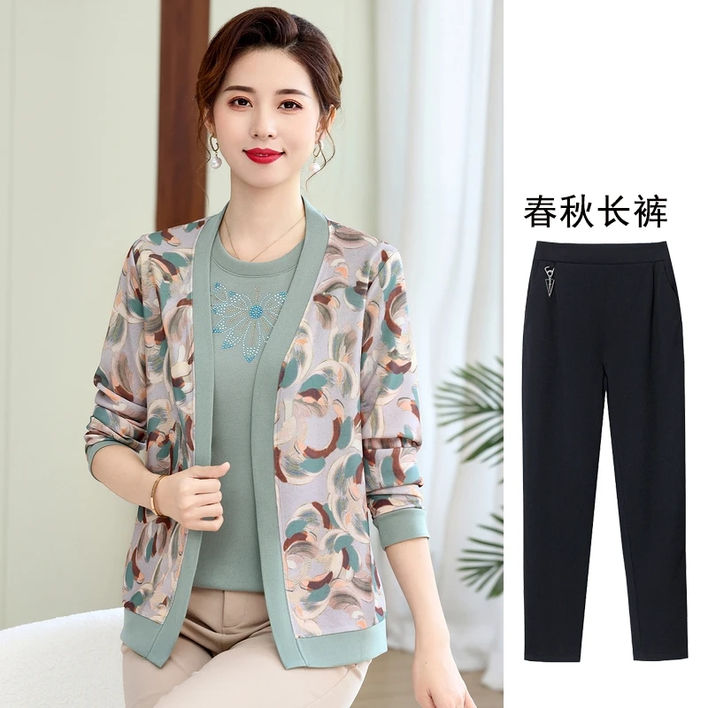 妈妈装春秋新款真两件套中老年女装洋气上衣开衫披肩套装可穿三季