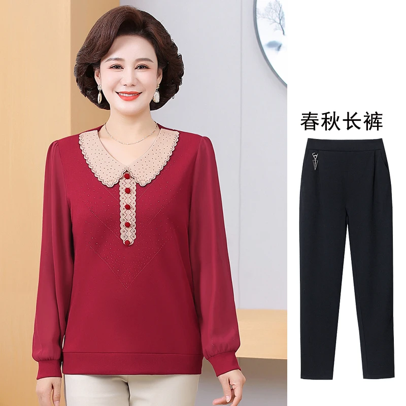 妈妈装秋装洋气烫钻长袖T恤中老年女装宽松秋季新款小衫打底衫