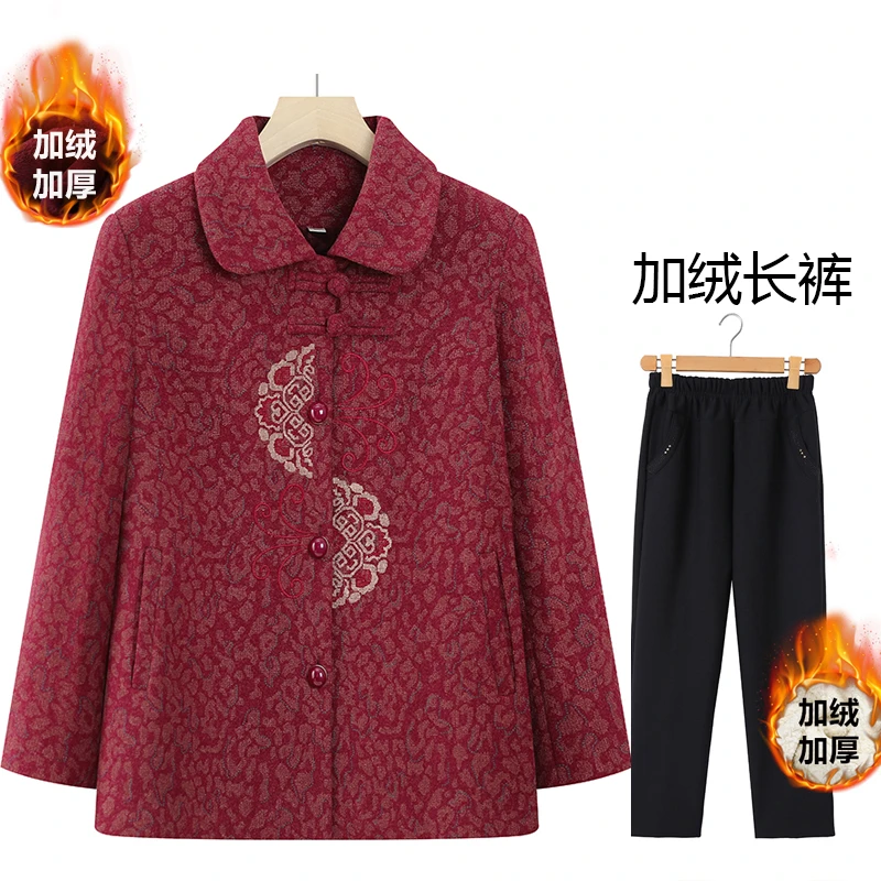 冬季新款奶奶装加绒上衣妈妈装冬款加厚保暖刺绣上衣老太太衣服