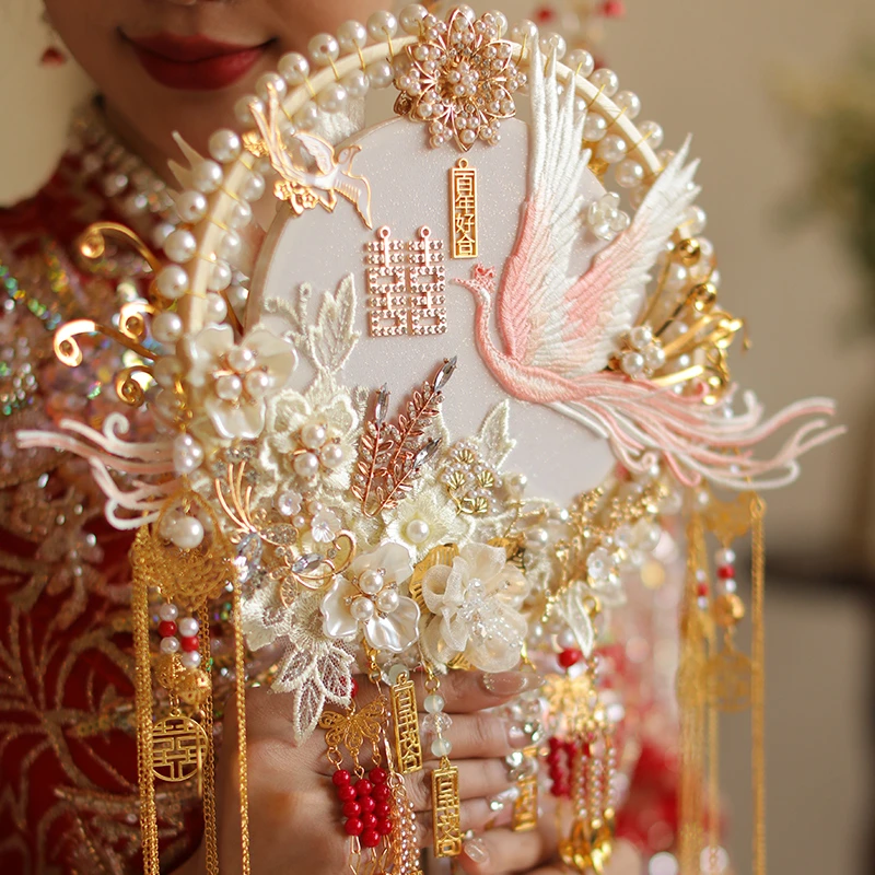 双色双面新娘秀禾扇diy材料包手工团扇中式婚礼遮面扇子重工高级