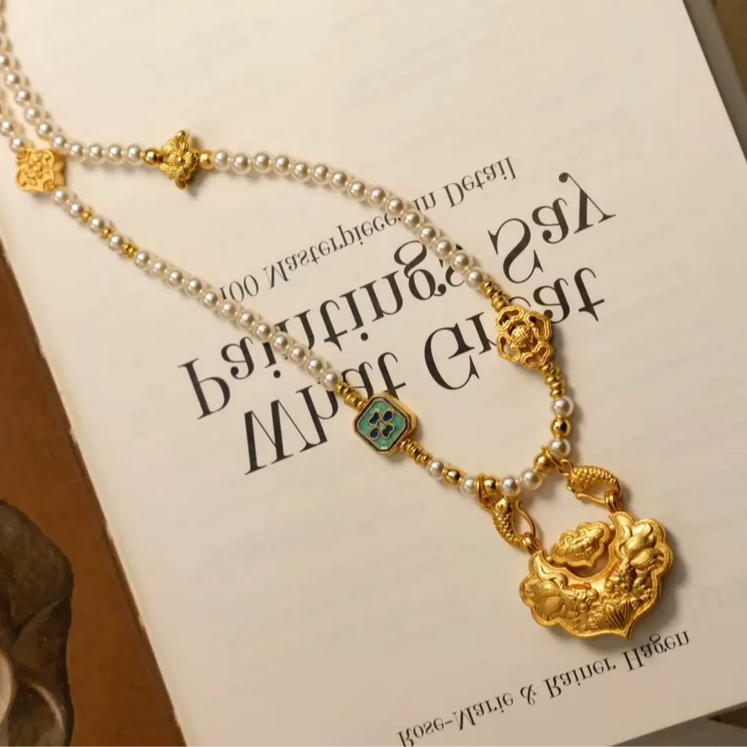 合金仿珍珠项链 【北栀】金色女士时尚中古如意锁项链812414