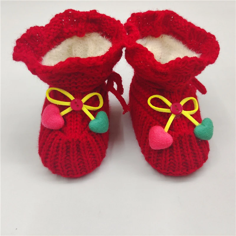 加绒新生儿婴儿毛线鞋秋冬保暖学步棉鞋宝宝软底爱心蝴蝶结12加绒