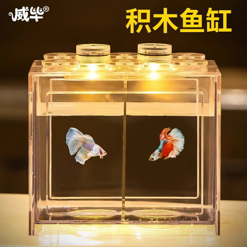 桌面鱼缸泰国斗鱼隔离盒客厅宿舍造景双格亚克力积木小鱼缸迷你