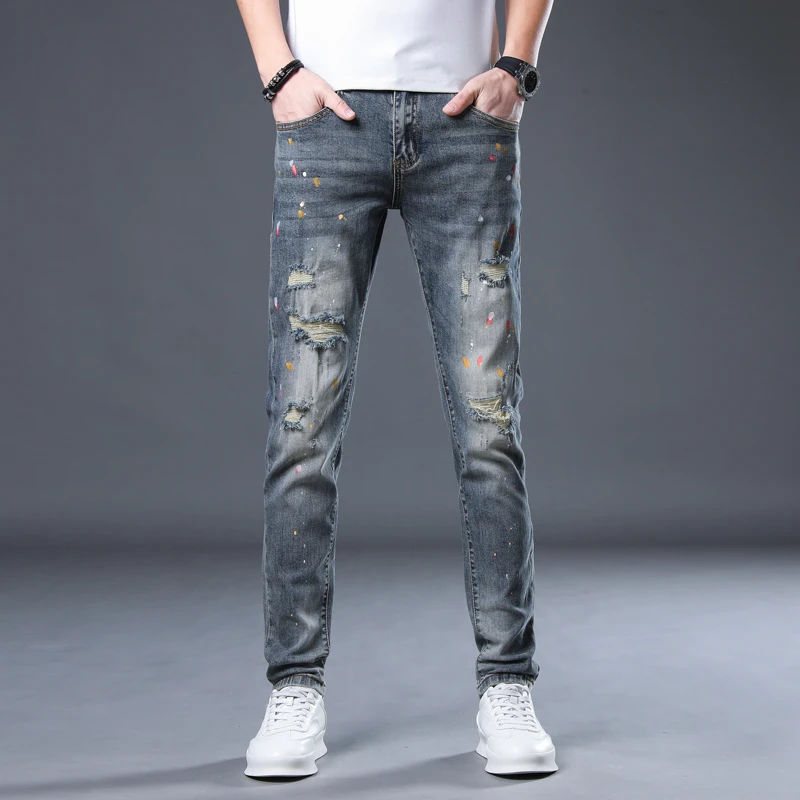 新款时尚潮牌破烂百搭立体弹力柔软修身小脚牛仔长裤男轻奢牛仔裤