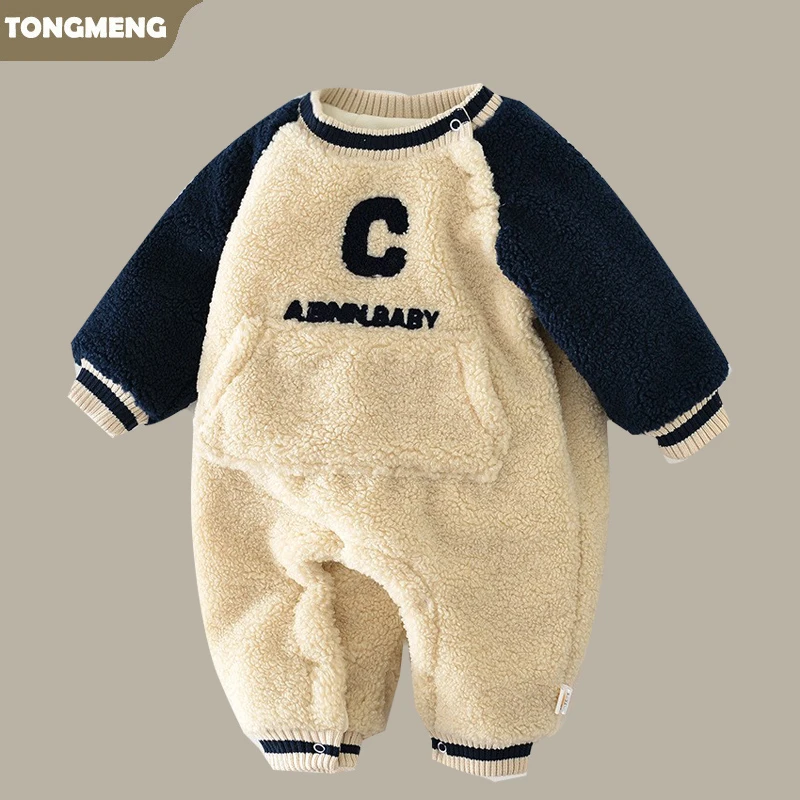 男女宝宝羊羔绒连体哈衣秋冬季婴儿加绒爬服新生儿保暖外出衣服潮