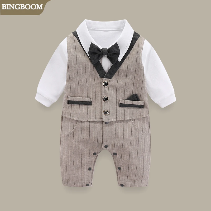 满月婴儿长袖衣服春季帅气男宝宝绅士连体衣百天周岁礼服西装爬服