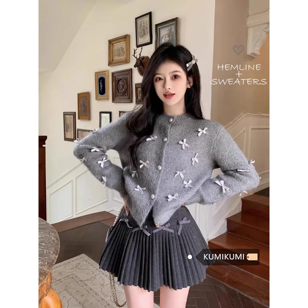 灰色蝴蝶结小香风针织开衫女秋冬甜辣风小个子外套