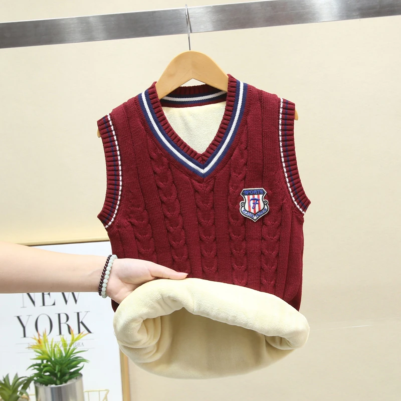 儿童校服背心内穿冬季棉线加绒加厚毛衣男童大童儿童针织外穿洋气