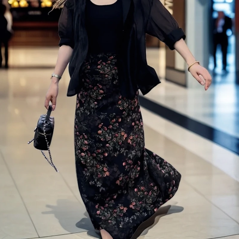 法式复古锦绣花开半夏半裙24夏季花纹大气后开叉气质直筒裙时尚