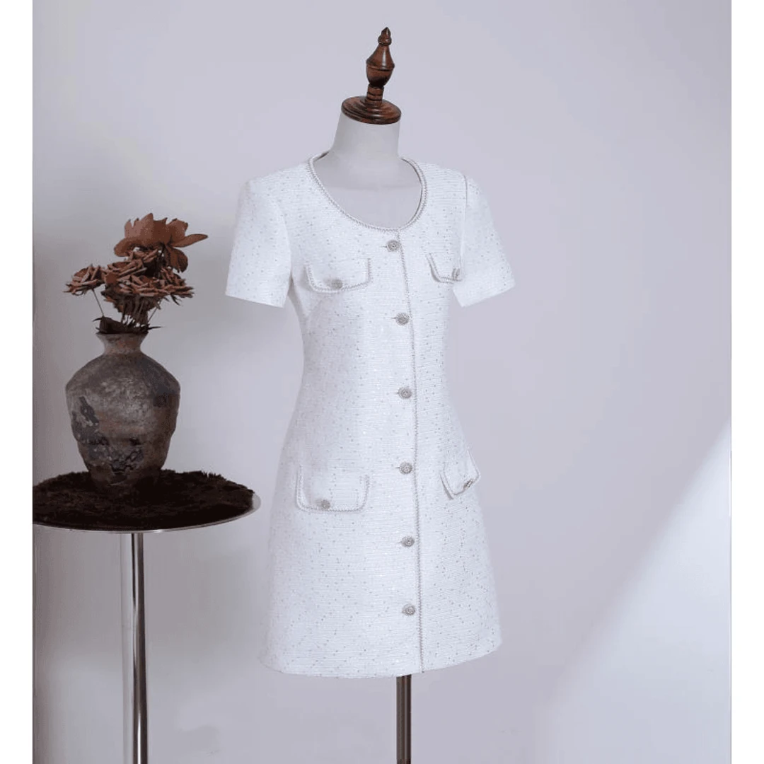 女装连衣裙小香风气质白色夏季设计粗花呢-8001