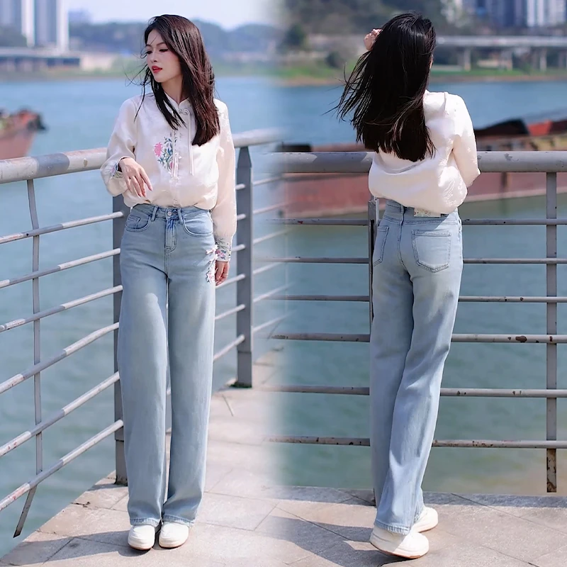 明哥牛仔新国风梅花刺绣盘扣阔腿牛仔裤显瘦时尚休闲百搭高腰宽松