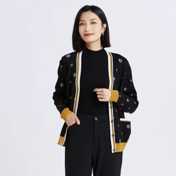 NAERSI/娜尔思logo提花开衫针织衫上衣女秋季新款百搭NI00197W0
