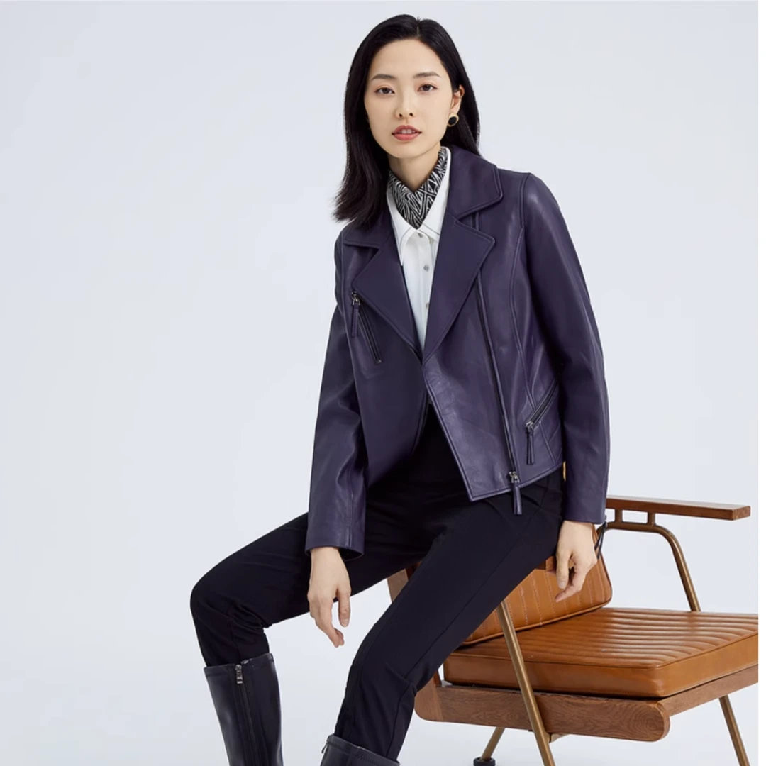 NAERSI/娜尔思紫色短款机车皮衣女新款皮革外套夹克女NP00122R4
